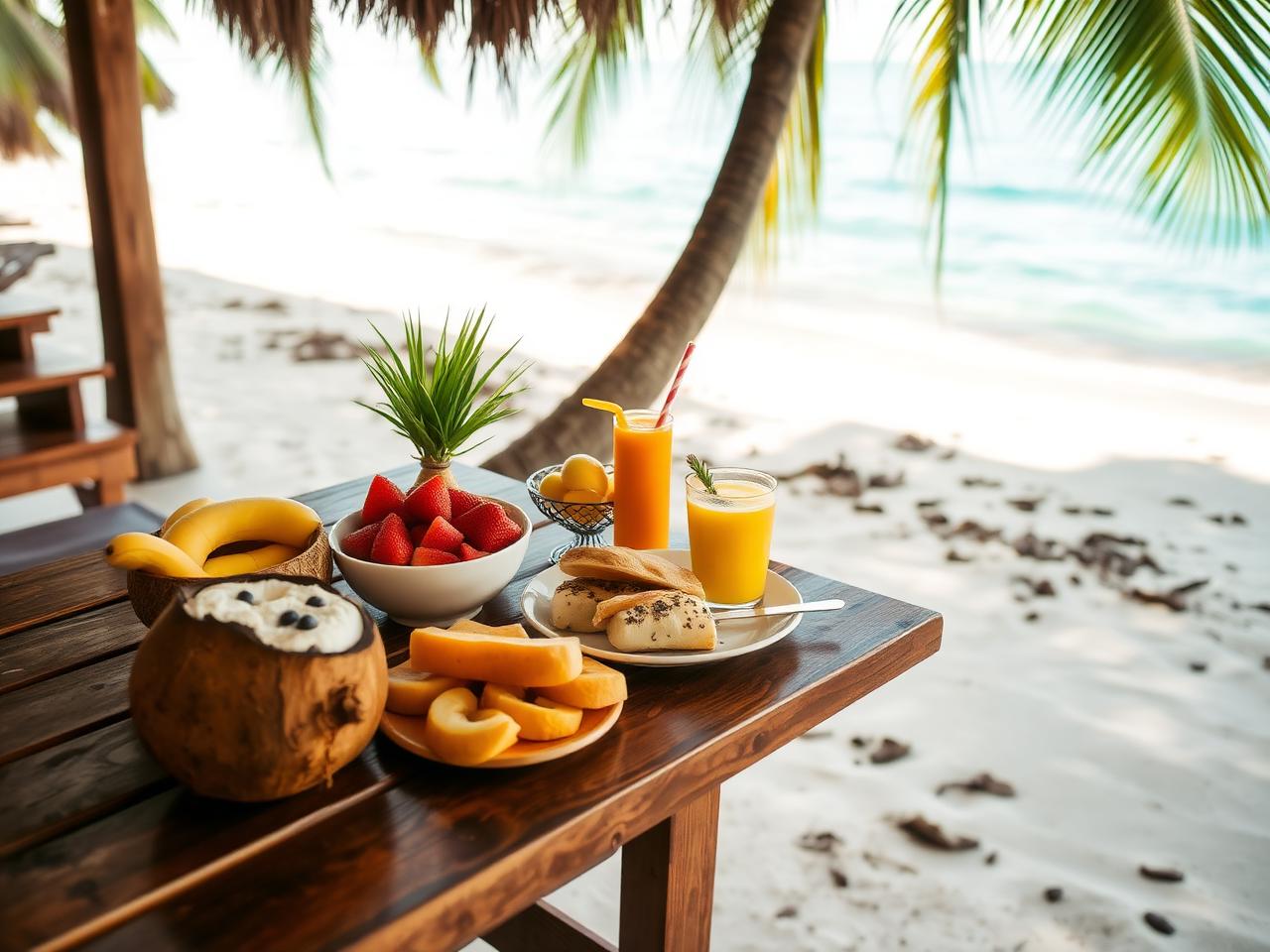 Mesa de café da manhã tropical com tapioca, frutas e suco
